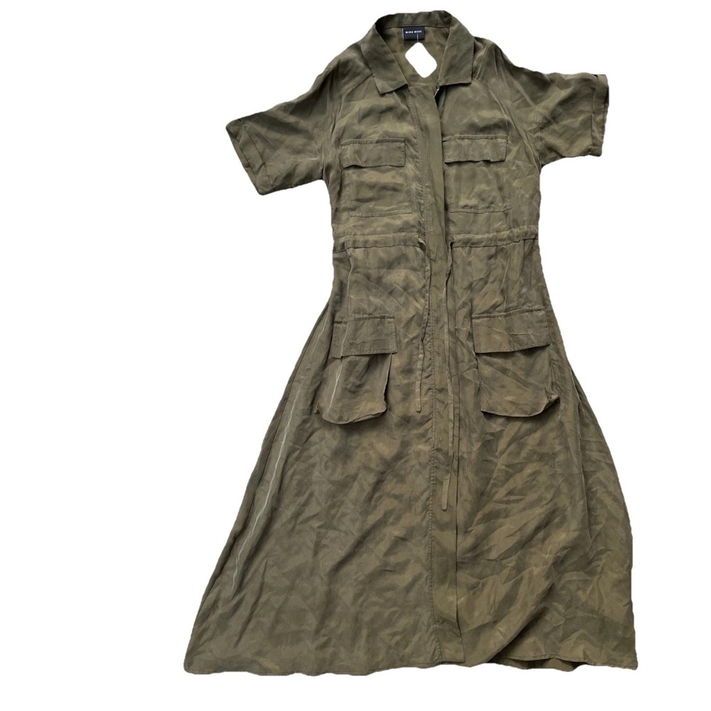 Miou Muse Women's Olive Green Cargo Maxi Dress Zip Front Collard Size Medium - Picture 2 of 13